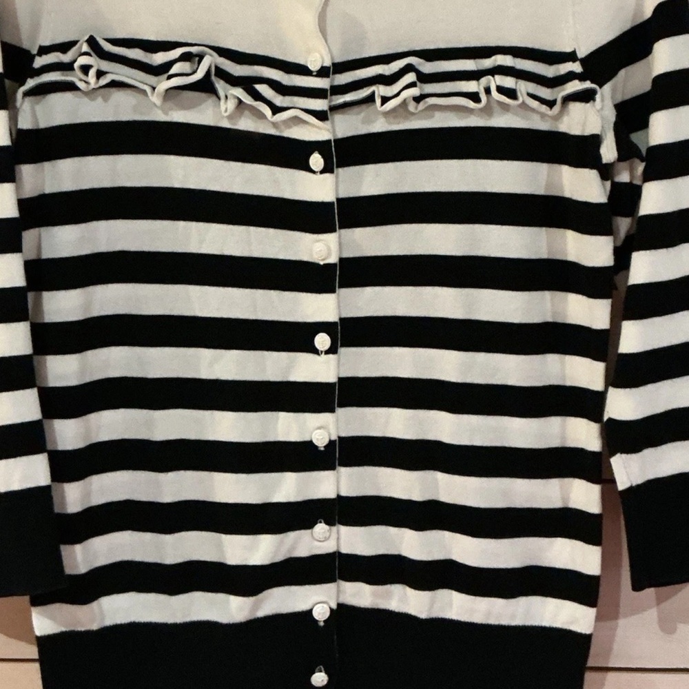 Talbots Monochrome Striped Ruffle Cardigan